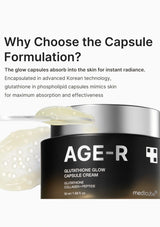 AGE-R Glutathione Glow Capsule Cream with text explaining its benefits on a white background