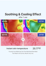 Before and after effect of a skin treatment with temperature readings on a white background