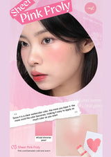 Product packaging for 'Sheer Pink Froly' with a close-up of a person wearing pink makeup.