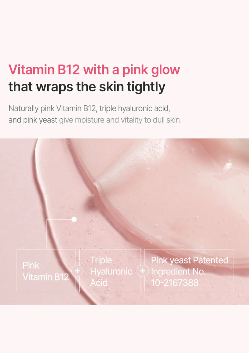 Product advertisement with pink texture and text about Vitamin B12 and skincare benefits.