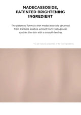 Product packaging with text about madecassoside, a patented brightening ingredient from Centella asiatica extract.