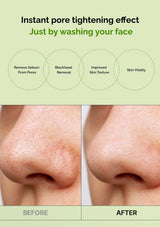 Before and after comparison of facial skin with text about instant pore tightening effect.