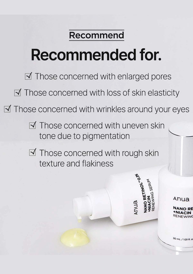 Anua Nano Refiner serum with product details on a light gray background