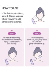 Instructions on how to use a makeup product with illustrations and text on a pink background.