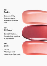Three lipsticks with names and descriptions on a white background