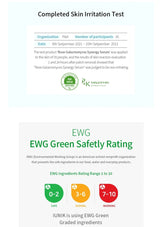 Completed skin irritation test report with EWG Green Safety Rating on a white background