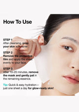 Instructions on how to use a facial sheet mask with a close-up of a person applying it.