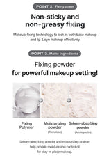 Advertisement for fixing powder with text and images of ingredients on a white background