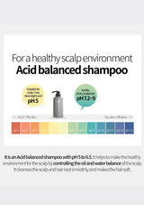 Advertisement for acid-balanced shampoo with pH scale on a white background