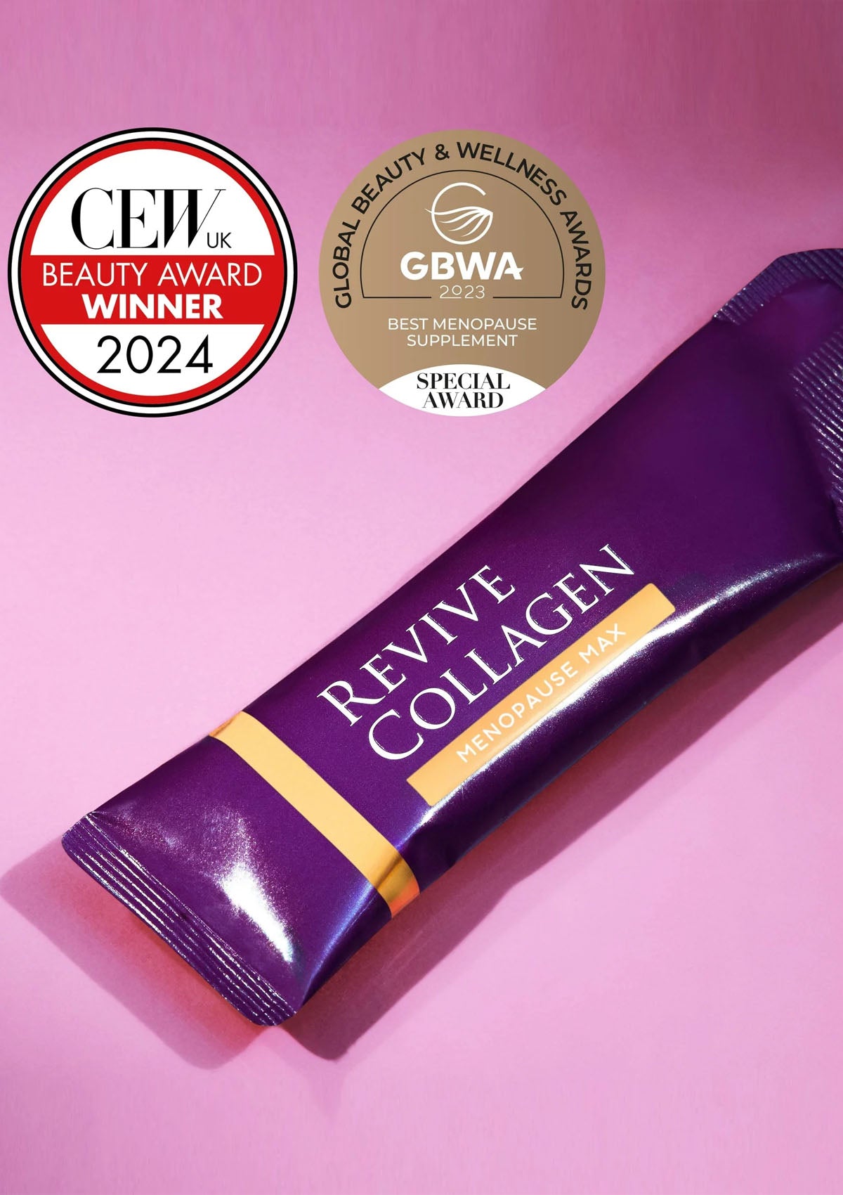 Revive Collagen supplement package with awards on a pink background