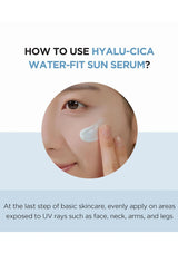 Instructions on how to use Hyalu-Cica Water-Fit Sun Serum with a close-up of a hand applying the serum.