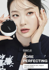 Woman holding a compact mirror with 'Pore Perfecting' text on a white background