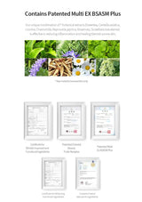 Product description with botanical images and certification logos on a white background
