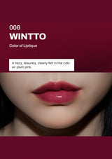 Lipstick swatch on a model's lip with Wintto branding and color description.