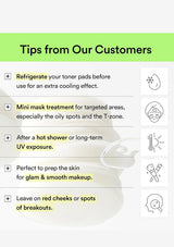 A customer tips infographic with a green header reading 'Tips from Our Customers' and a list of skincare advice with icons on the right, over a pale background with a faint toner bottle illustration.