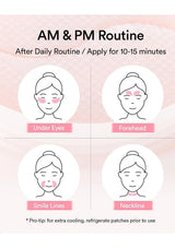 AM & PM routine skincare application guide showing four facial treatment areas: under eyes, forehead, smile lines, and neckline, with illustrated faces and pink application zones on a soft pink background.