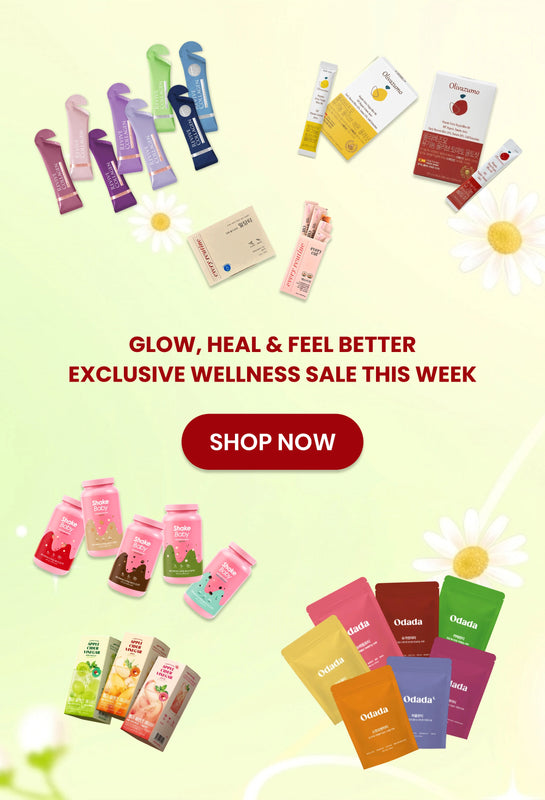 Promotional image for a wellness sale with various products on a light yellow background.
