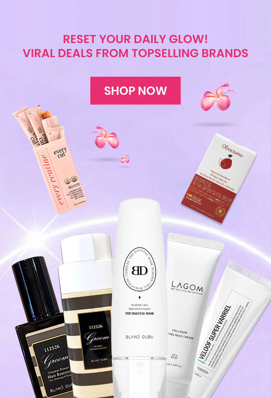 Cosmetic products with promotional text on a purple background