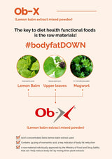 Advertisement for Ob-X lemon balm extract mixed powder with images of lemon balm, mugwort, and upper leaves.