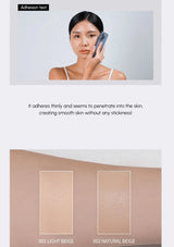 Woman holding a phone with text about skin adhesion and color swatches below.