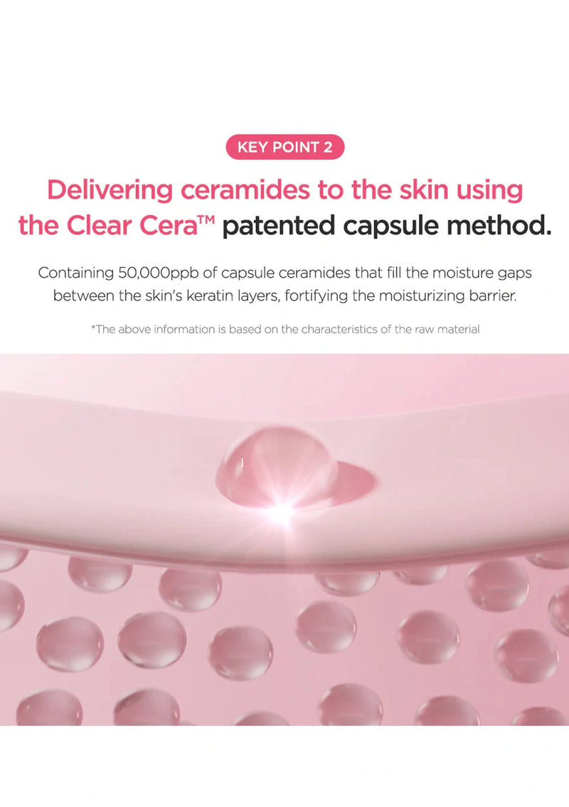 Product packaging with a pink cap and clear ceramic beads on a white background