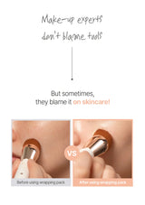 Comparison of a makeup tool before and after use with text about skincare.