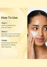 Instructional graphic showing how to use a skincare product, with text on the left reading 'How To Use' and a woman on the right applying white cream to her face against a pale yellow background.