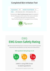 Completed skin irritation test report with EWG Green Safety Rating on a white background