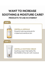 Skincare product advertisement with Centella Ampoule and Soothing Cream on a beige background.