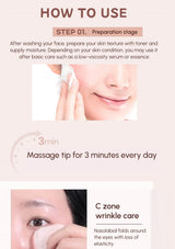 Instructions on how to use a skincare product with text and images of a person applying the product.