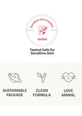 Product label with icons and text indicating safety and sustainability for sensitive skin.