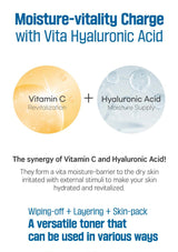 Advertisement for a skincare product with Vitamin C and Hyaluronic Acid, highlighting their synergy.