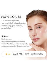 Skincare product use instructions with a model on a white background