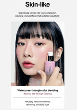 Woman holding a pink cosmetic product with text about skin-like finish and color blending.