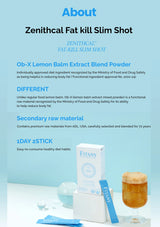 Advertisement for Zenithical Fat Kill Slim Shot with product packaging and a glass of liquid on a light blue background.
