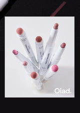 Set of makeup lip pencils with pink caps on a white background, featuring the brand 'Oiad'.