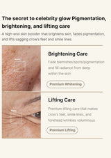 Advertisement for skin care products with before and after images of pigmentation and wrinkles.