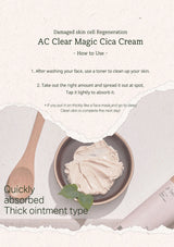 AC Clear Magic Cica Cream packaging with usage instructions on a light background