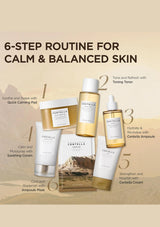 Cosmetic products with a 6-step routine for calm and balanced skin on a beige background