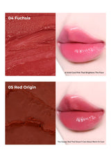 Lipstick shades 04 Fuchsia and 05 Red Origin with swatches and close-up of lips wearing the colors.