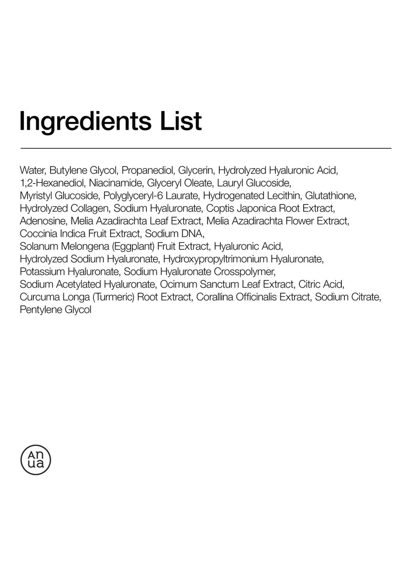 Ingredients list on a white background with a brand logo at the bottom.