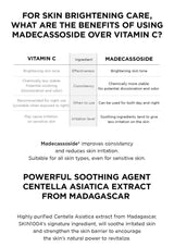 Comparison chart between Vitamin C and Madecassoside for skin brightening care.