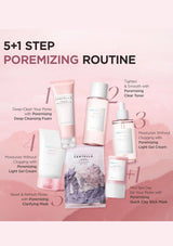 Cosmetic products for a 5+1 step poreminizing routine on a pink background