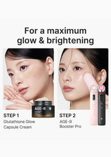 Cosmetic product advertisement with two steps for maximum glow and brightening, featuring a cream and a booster device.