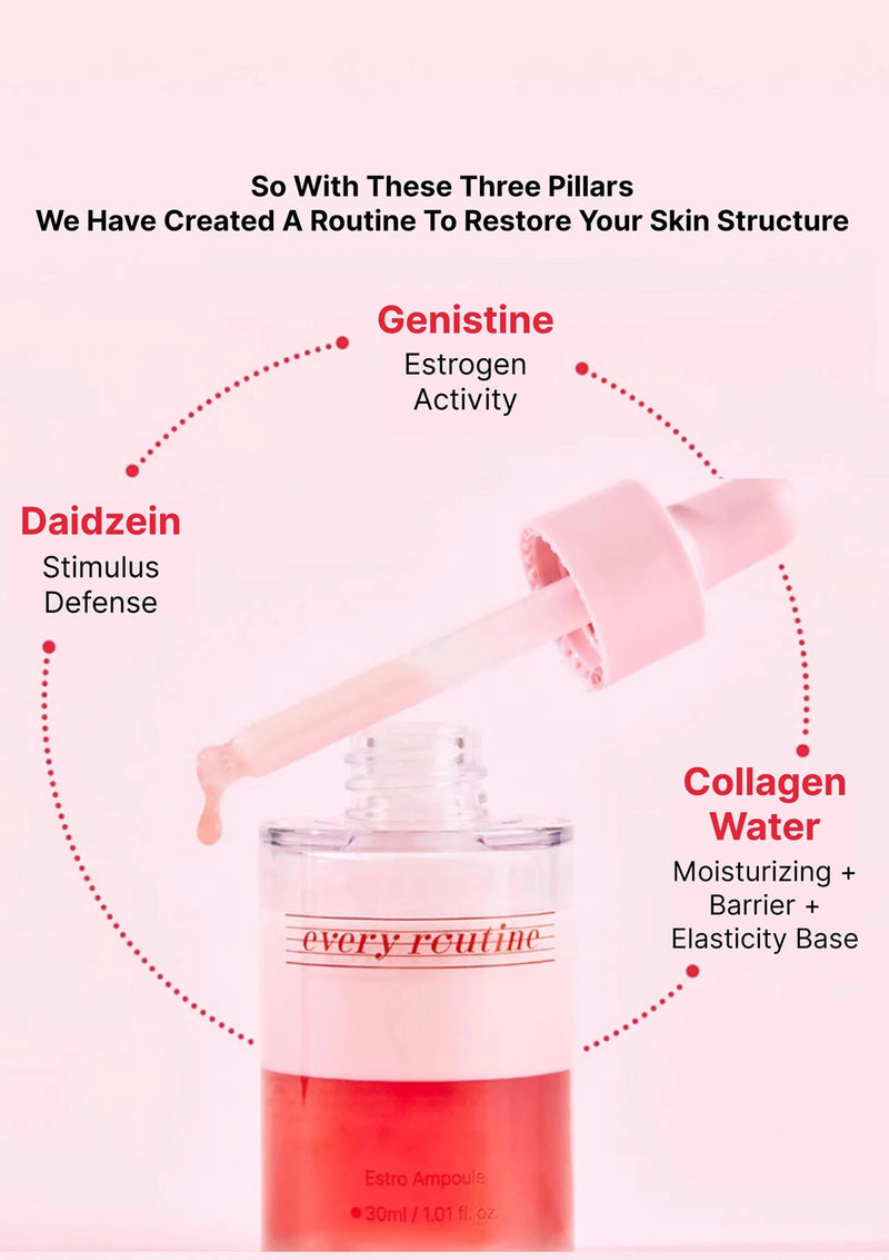 Skincare product with text highlighting ingredients and benefits on a pink background