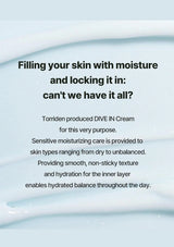 Text about Torriden DIVE IN Cream moisturizing benefits on a light blue background