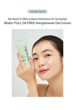 Woman holding a green skincare product with text about its benefits on a light gray background