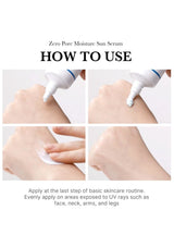 Instructions on how to use Zero Pore Moisture Sun Serum with close-up images of application on skin.