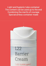 L22 Barrier Cream container on a red background with text about its features.
