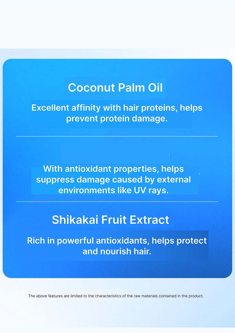 Blue informational card about coconut palm oil and shikakai fruit extract with text on a white background.